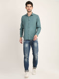 Men Solid Sea Green Casual Slim Fit Shirt