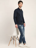 Men Solid Navy Blue Casual Slim Fit Shirt