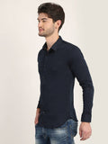 Men Solid Navy Blue Casual Slim Fit Shirt