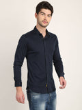 Men Solid Navy Blue Casual Slim Fit Shirt