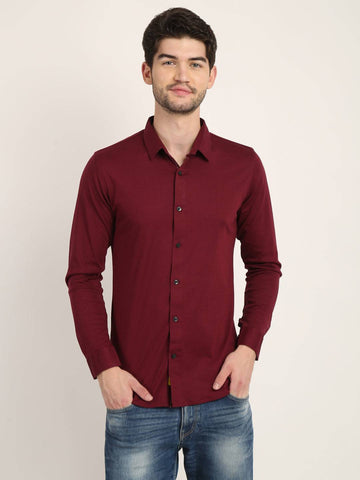 Men Solid Wine Casual Slim Fit Shirt