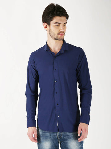Men Solid Blue Stretchable Slim Fit Shirt