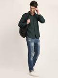 Men Solid Dark Green Casual Slim Fit Shirt