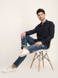 Men Solid Navy Blue Casual Slim Fit Shirt