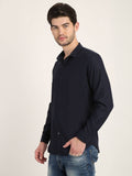Men Solid Navy Blue Casual Slim Fit Shirt Seventy7