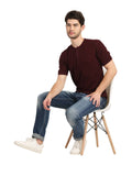 Men's Wine Solid Knitted Henley Neck T-Shirt