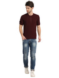 Men's Wine Solid Knitted Henley Neck T-Shirt