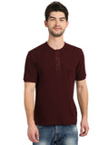 Men's Wine Solid Knitted Henley Neck T-Shirt