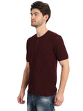 Men's Wine Solid Knitted Henley Neck T-Shirt