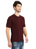 Men's Wine Solid Knitted Henley Neck T-Shirt Seventy7