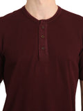 Men's Wine Solid Knitted Henley Neck T-Shirt