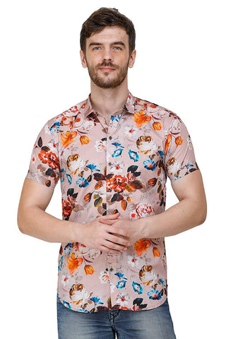 Mens Baby Pink Floral Printed Regular Fit Casual Shirts