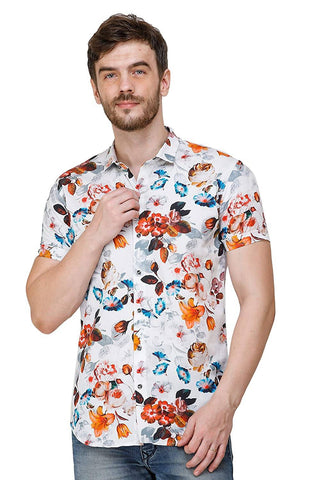 Mens White Floral Printed Regular Fit Casual Shirts