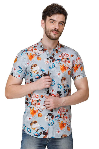 Mens Sky Blue Floral Printed Regular Fit Casual Shirts