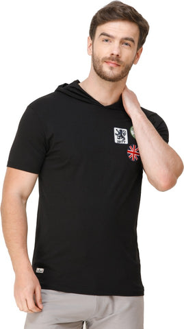 Men's Half Sleeves Hooded Slim Fit Black T-Shirt