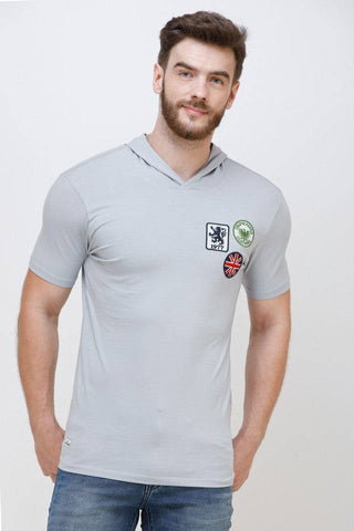 Men's Half Sleeves Hoodie Neck Slim Fit Light Grey T-shirt