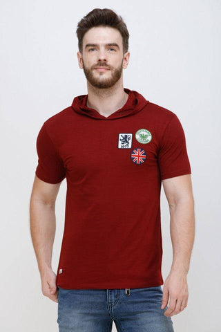 Men's Half Sleeves Hoodie Neck Slim Fit Maroon T-shirt