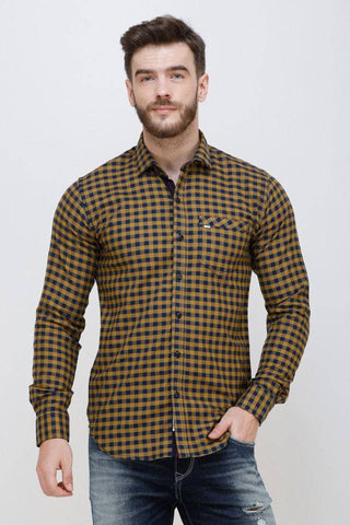 Men's Mustard Slim Fit Checkered Luxury Shirt