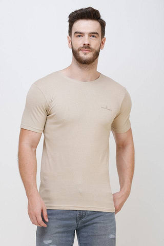 Men's Half Sleeves Round Neck Slim Fit Beige T-shirt