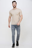 Men's Half Sleeves Round Neck Slim Fit Beige T-shirt