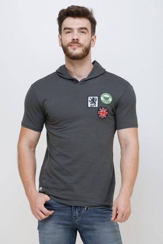 Men's Half Sleeves Hoodie Neck Slim Fit Dark Grey T-shirt
