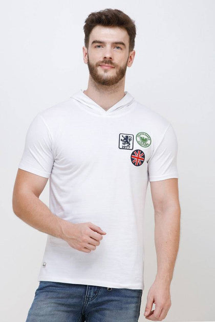 Men's Half Sleeves Hoodie Neck Slim Fit White T-shirt