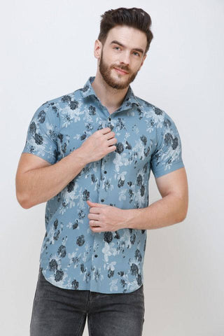 Men's Blue Short Sleeve Printed Shirt