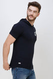 Men's Half Sleeves Hoodie Neck Slim Fit Navy Blue T-shirt