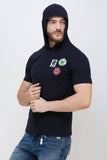 Men's Half Sleeves Hoodie Neck Slim Fit Navy Blue T-shirt