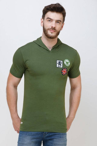 Men's Half Sleeves Hoodie Neck Slim Fit Olive T-shirt