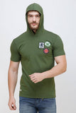 Men's Half Sleeves Hoodie Neck Slim Fit Olive T-shirt
